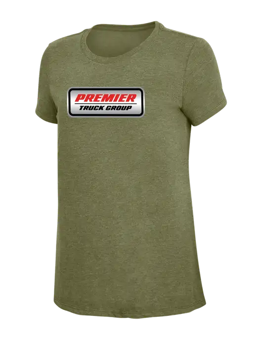 Womens Simply Soft Military Green Frost 4.5oz Poly/Combed Ring Spun Cotton T-Shirt
 w/Premier Truck Group Logo