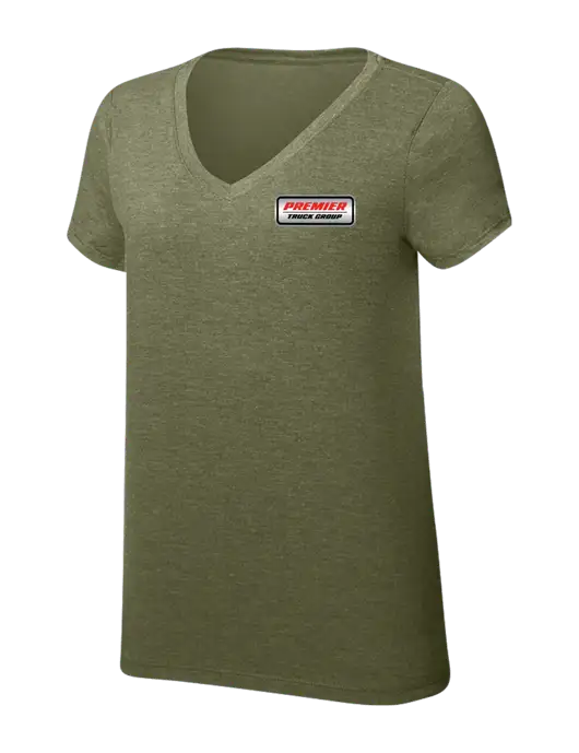 Womens Simply Soft V-Neck Military Green Frost 4.5oz  Poly/Combed Ring Spun Cotton T-Shirt w/Premier Truck Group Logo