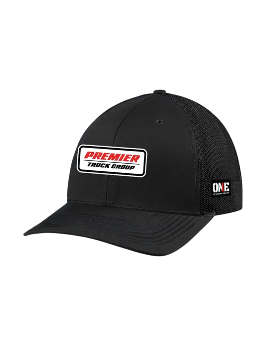 Richardson Adjustable Snapback Original 112 Trucker Cap Black w/Black Mesh w/Premier Truck Group Logo, ONE Logo