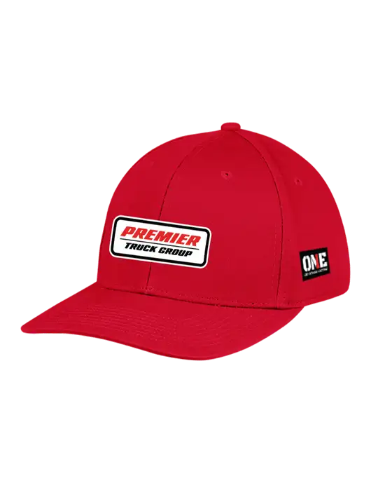Premium Modern Structured Twill Red Snapback Cap w/Premier Truck Group Logo, ONE Logo