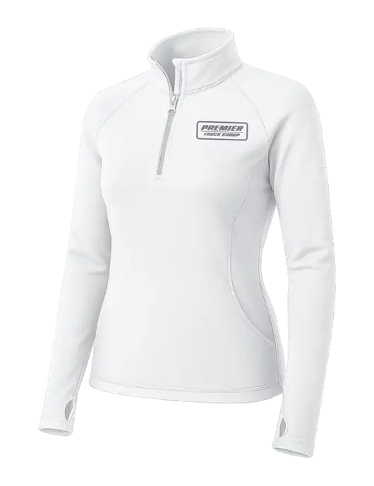 White Womens Sport Wick Stretch 1/4 Zip Pullover w/Premier Truck Group Logo