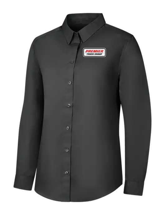 Womens Dark Grey Long Sleeve Carefree Poplin Shirt w/Premier Truck Group Logo