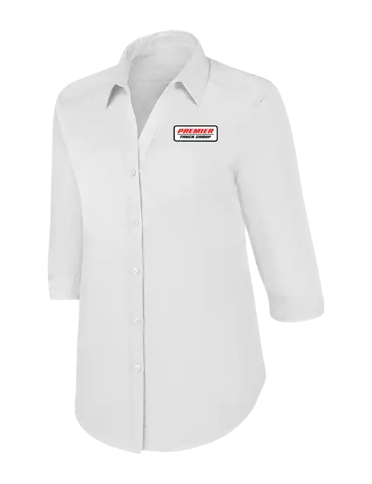 Womens White 3/4 Sleeve Carefree Poplin Shirt w/Premier Truck Group Logo