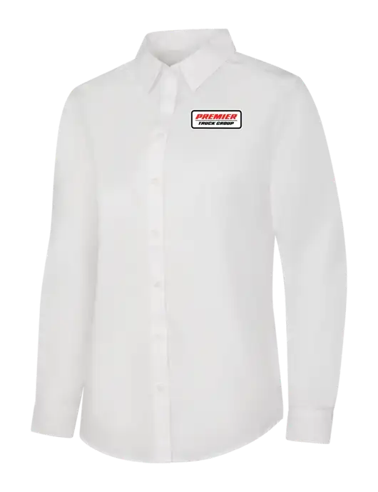 Womens White Long Sleeve Carefree Poplin Shirt w/Premier Truck Group Logo