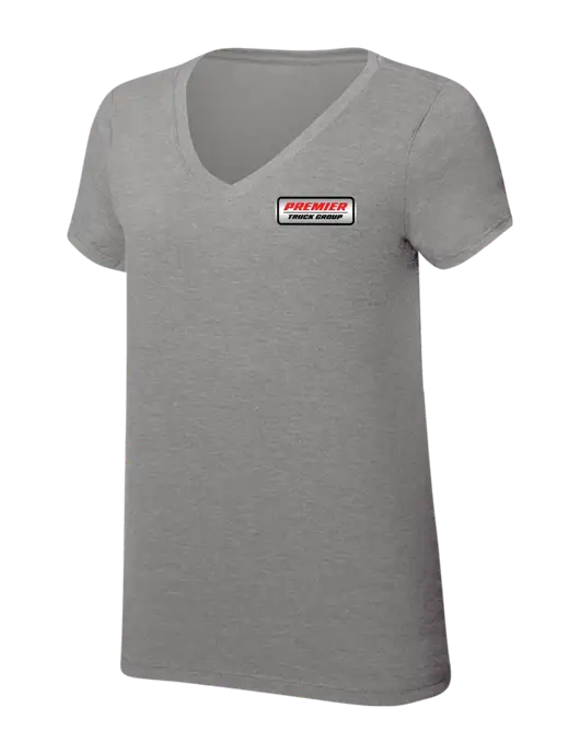Womens Simply Soft V-Neck Grey Frost 4.5oz  Poly/Combed Ring Spun Cotton T-Shirt w/Premier Truck Group Logo