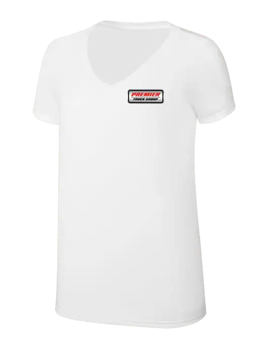 Womens Simply Soft V-Neck White 4.5oz  Poly/Combed Ring Spun Cotton T-Shirt w/Premier Truck Group Logo