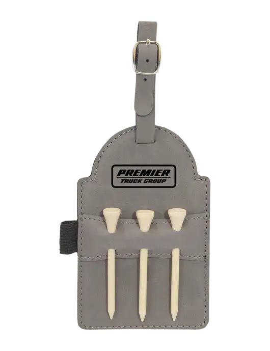 Grey Leatherette Golf Bag Tag with 3 Wooden Tees w/Premier Truck Group Logo