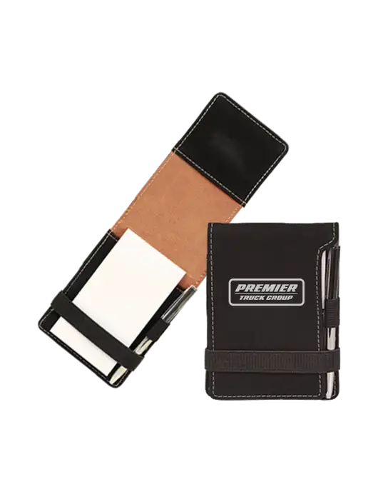 Black Leatherette Mini Notepad with Pen,  3.25 x 4.75 w/Premier Truck Group Logo