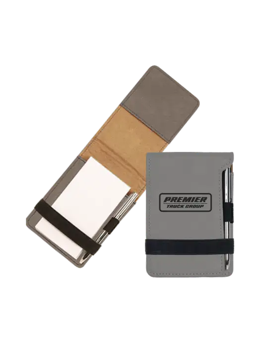 Grey Leatherette Mini Notepad with Pen,  3.25 x 4.75 w/Premier Truck Group Logo