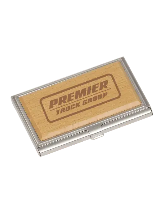 Wood & Silver Business Card Case w/Premier Truck Group Logo
