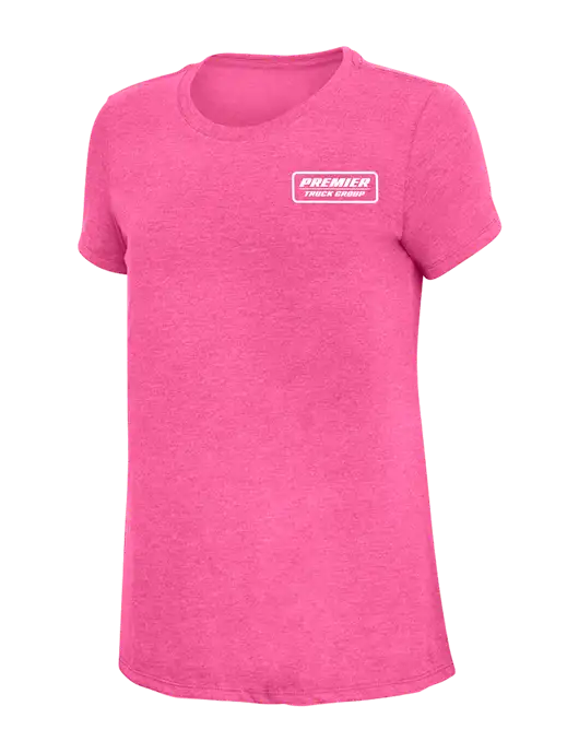 Womens Simply Soft Fuchsia Frost 4.5oz Poly/Combed Ring Spun Cotton T-Shirt w/Premier Truck Group Logo