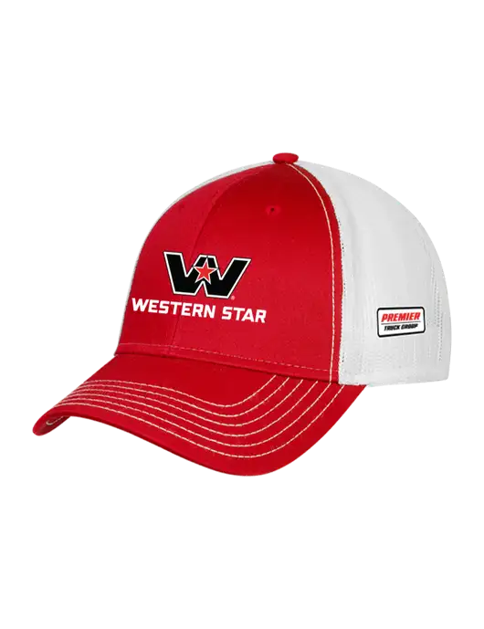 Red/White Mesh Trucker Cap Snap Back w/Western Star Logo, Premier Truck Group Logo