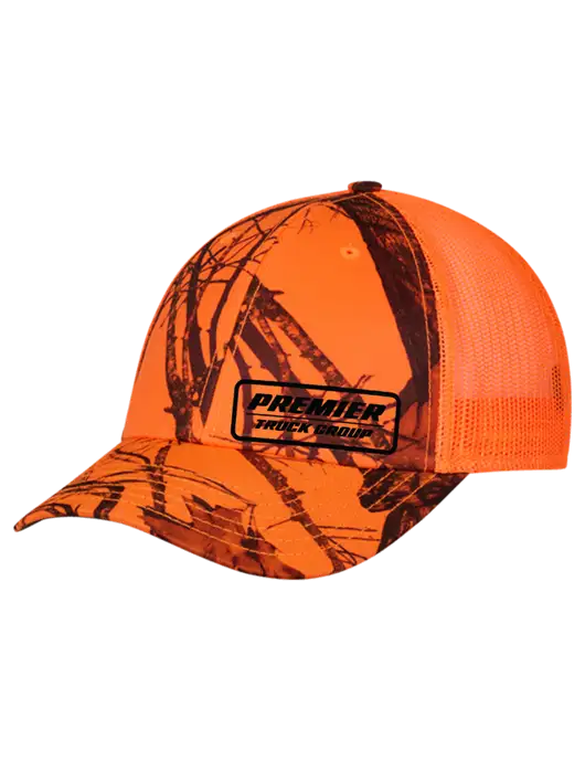 Blaze/Neon Orange Mossy Oak Camo Mesh Trucker Cap Snap Back w/Premier Truck Group Logo