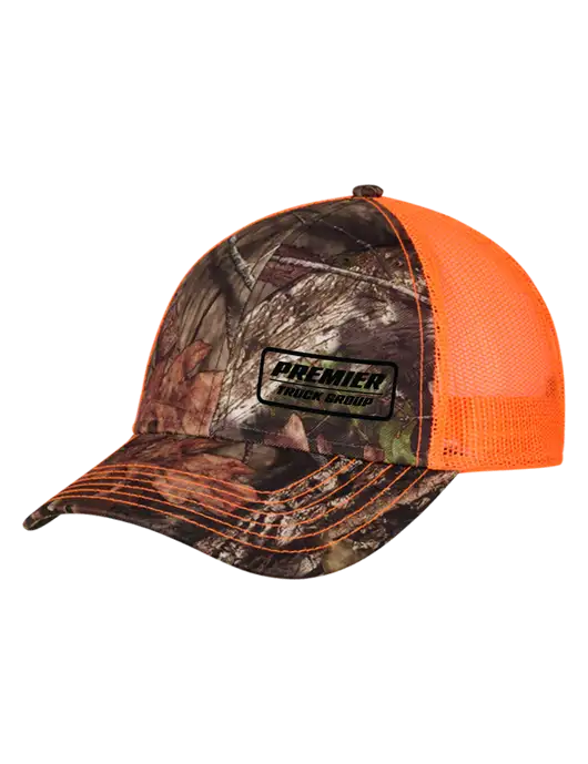 Country Orange Mossy Oak Camo Mesh Trucker Cap Snap Back w/Premier Truck Group Logo